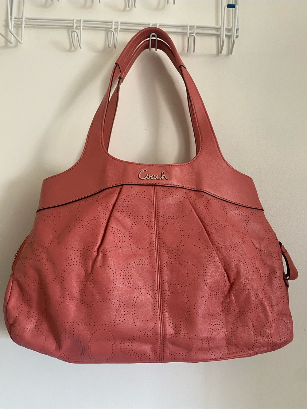 Coach Coral-Red Perforated Leather Shoulder Bag